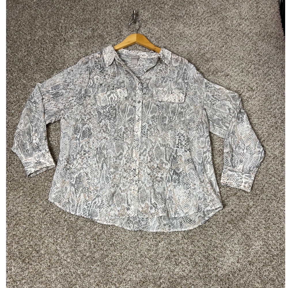Chicos Snakeskin Animal Print Button Down Blouse Grey Tan Size 3 XL 16/18
